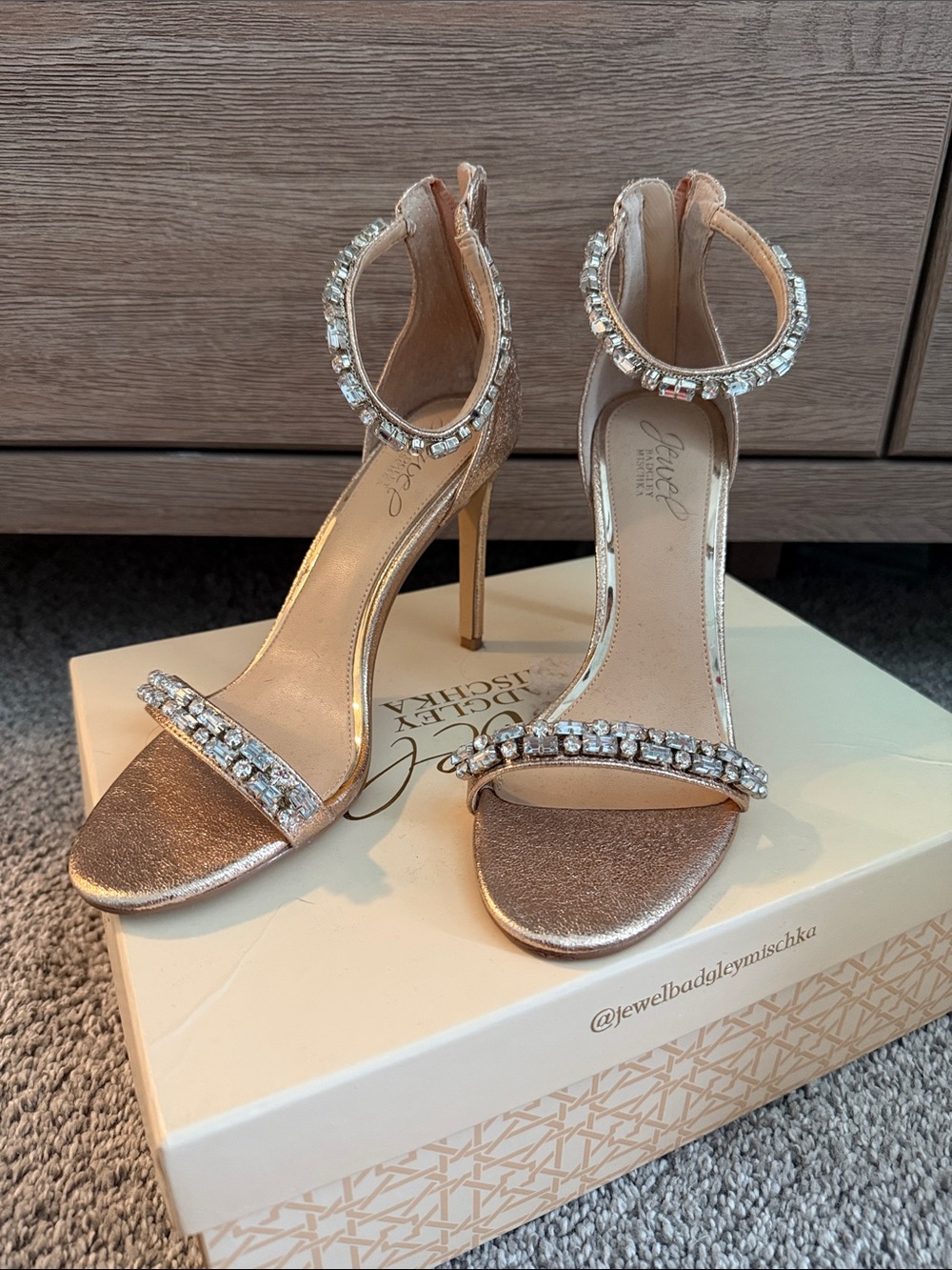 Jewel Badgley Mischka Rose Gold Crystal-Ankle Strap Stilettos